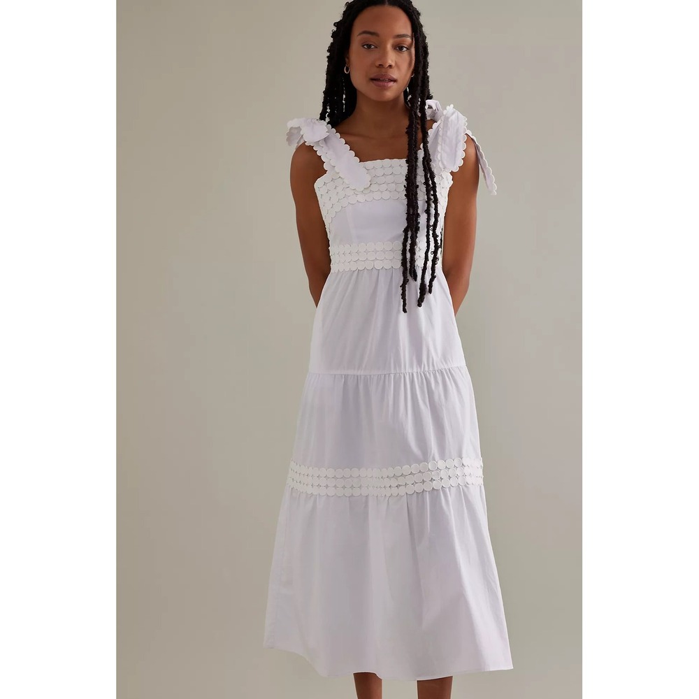 CeliaB Midi Dress Womens Small White Excellent Tiered Eyelet Tie Shoulder Straps
